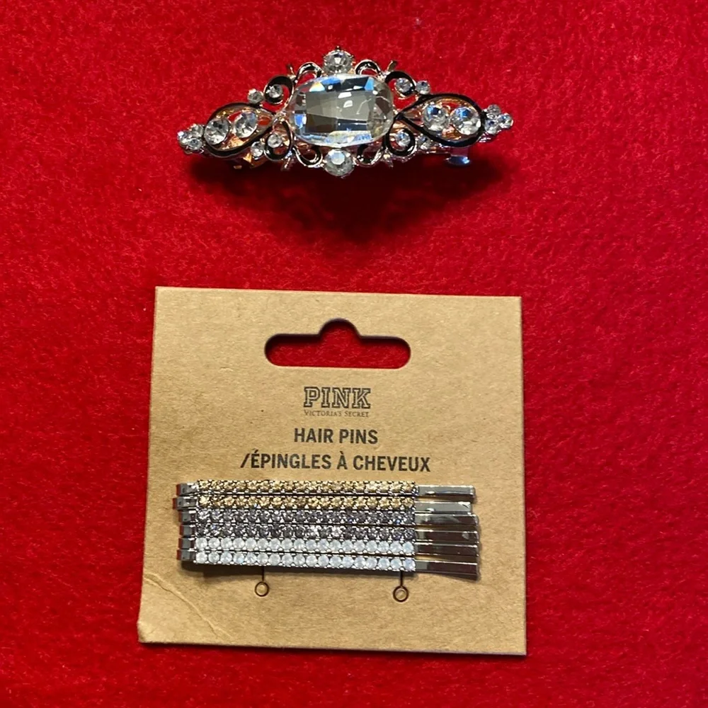 Pink Victoria's Secret rhinestone bobby pins and rhinestone barrette